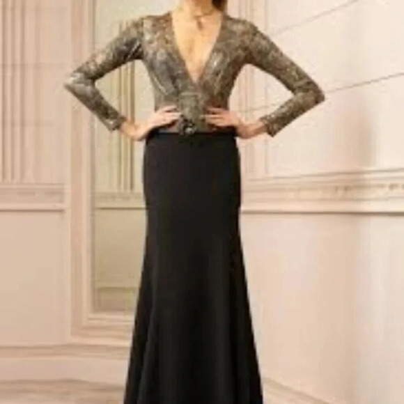 Joseph Ribkoff Couture Metallic Shimmer Black Evening Gown Dress 12 - Picture 2 of 16